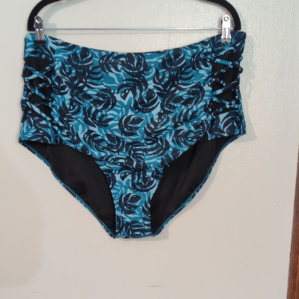 Blue Patterned High-Waisted Bikini Bottom